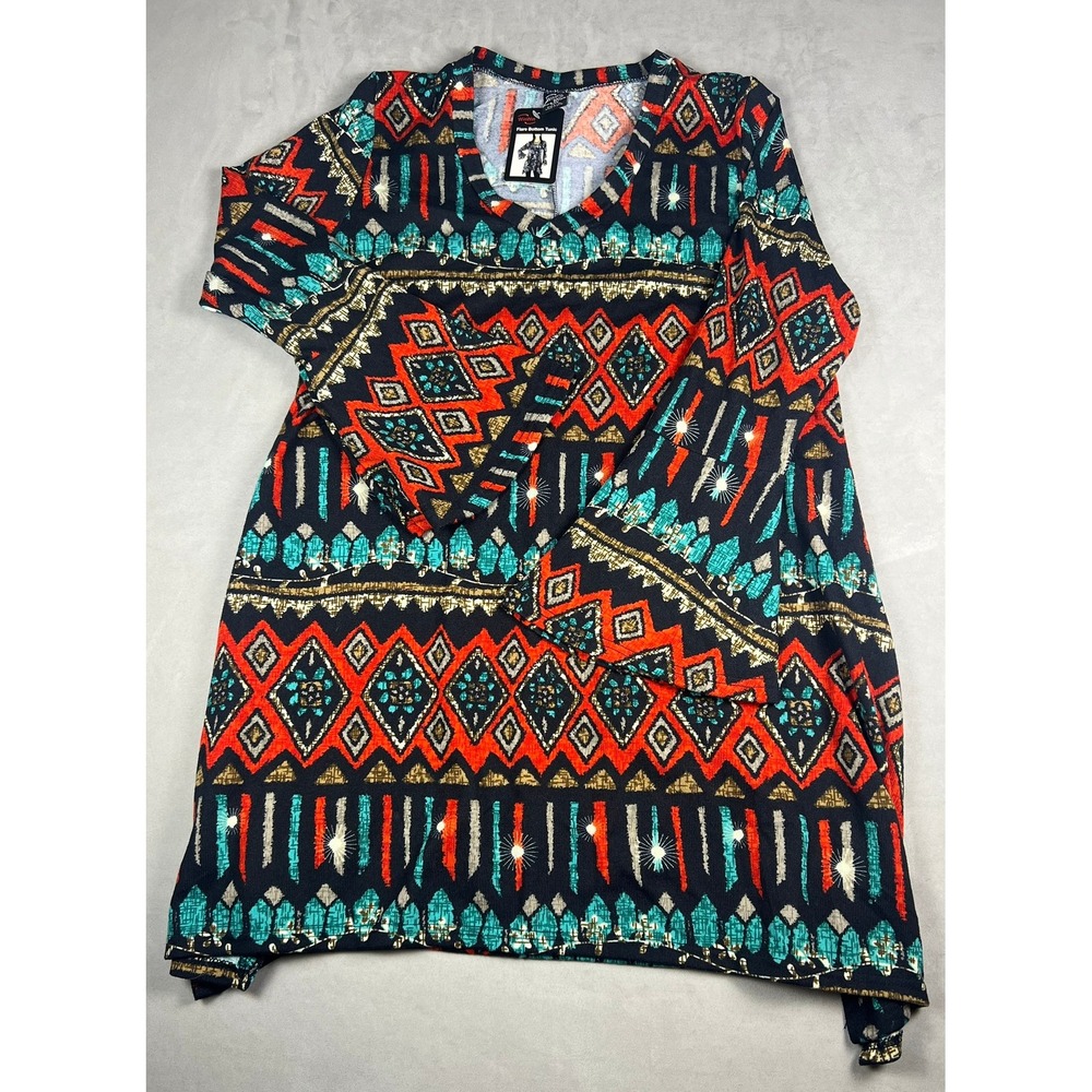 WinWin Flare Bottom Tunic L-XL Geometric Tribal Print Bell Sleeve Boho Top NEW